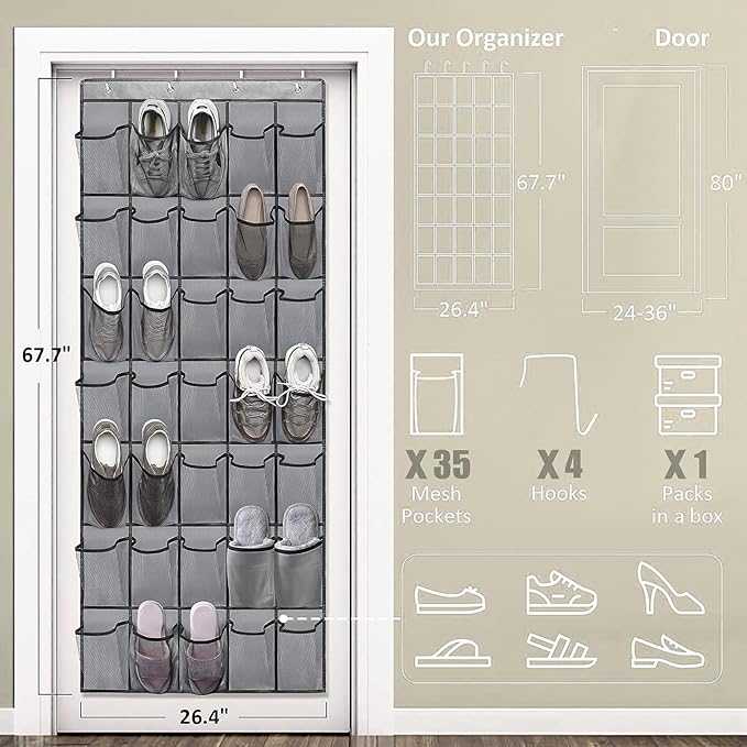 WAHMLA Over the Door Shoe Organizer, 35 Large Breathable Mesh Pockets, Space Saving Hanging Storage Holder, Closet Rack Hanger Holds, Hangs on Closets for Shoes, Accessories, GRAY