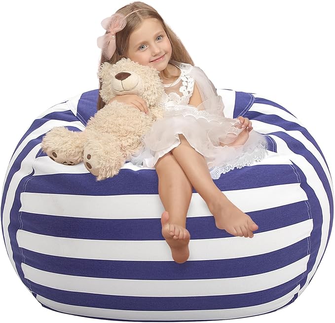 WEKAPO Stuffed Animal Storage Bean Bag Chair Cover for Kids | Stuffable Zipper Beanbag for Organizing Children Plush Toys Large Premium Cotton Canvas (Navy Strip, XX-Large)