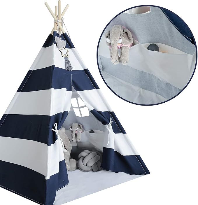 Ukadou Kids Teepee Tent for Boys Navy White Stripe Teepee Tent Indian Canvas Tents for Toddlers Indoor Playhouse Play Tent for Kids
