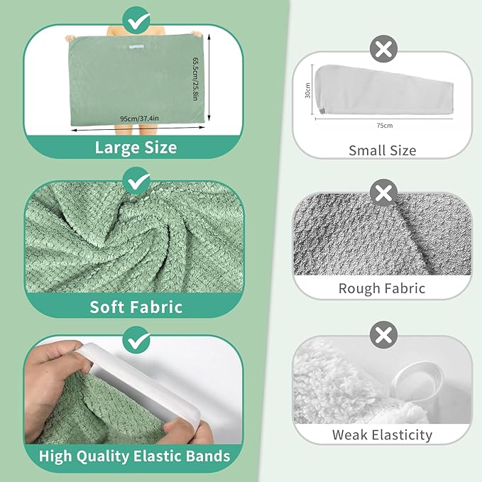 my novel things 2 Pack Extra Large Microfiber Hair Towel Wrap, 37.4" x 26.4" for Women, Super Absorbent & Quick Dry Hair Towel with Elastic Strap for Curly Hair Green
