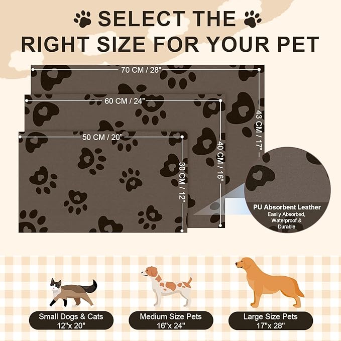 BLESWIN Pet Feeding Mats 16"x24", Water Absorbing Mat for Dog Bowl, Dog Dish Mats for Floors Waterproof, Non Slip Mat for Dogs, Pet Water Mat Protect Floor, Cat Mat for Food and Water, Brown