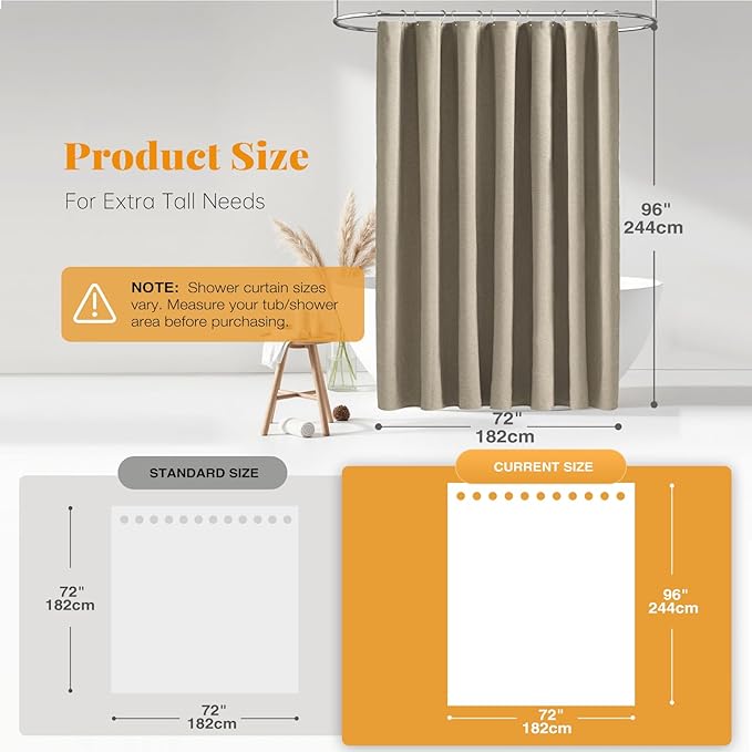BTTN Extra Long Shower Curtain - 72x96 Inch Long Linen Textured Heavy Duty Fabric Shower Curtain Set with 12 Plastic Hooks, Tall Hotel Spa Luxury Waterproof Curtains for Bathroom Showers - Khaki/Tan