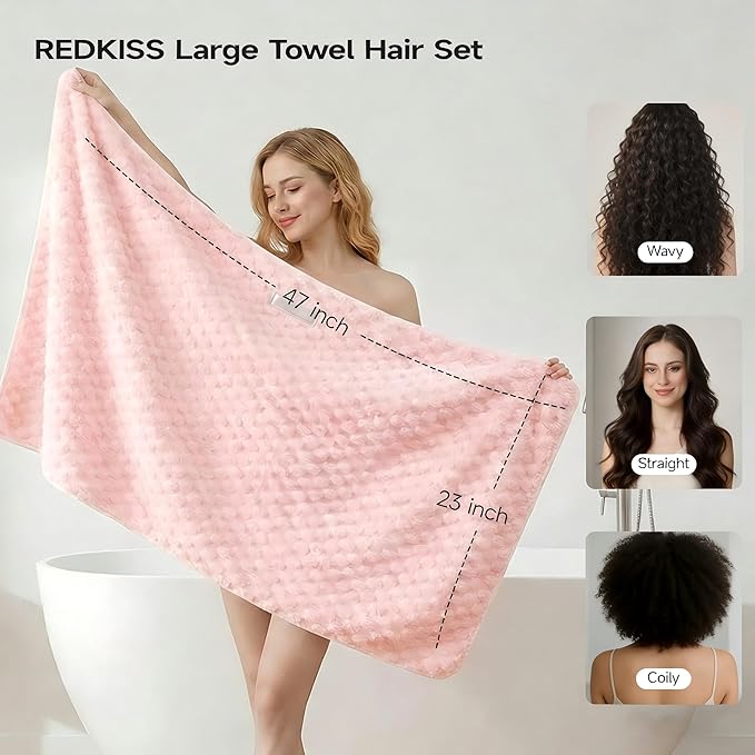 REDKISS 5 Pack Extra Large Hair Towels - Microfiber Oversized Hair Towel Wrap for Women, 23 x 47 inches Hair Towels with Elastic Strap, Super Soft Hair Drying Towels for Long, Thick, Curly Turbans