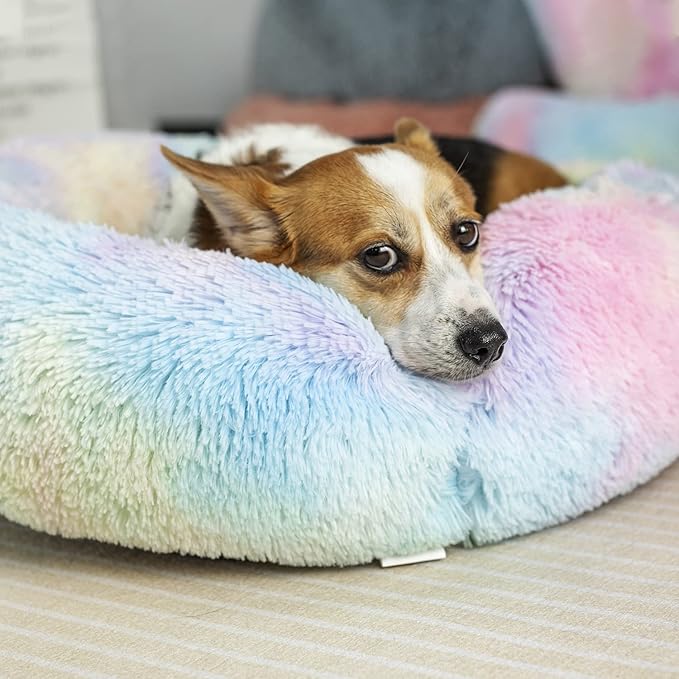 Raimaiso Anti Anxiety Round Fluffy Plush Faux Fur Warm Washable Dog Bed & Cat Bed, Original Bed for Small Medium Large Pets,Used to Relieve Joints and Improve Sleep（20"/24"/27''） (20", Rainbow)