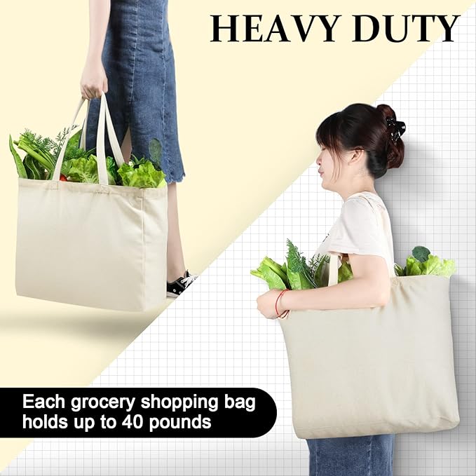 Reginary 12 Pack Canvas Grocery Bag Large Blank Shopping Tote Bags Reusable Pouches Bulk with Handle, 14 x 14 x 7.9''