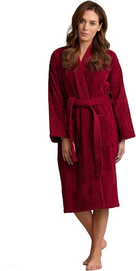 Soft Touch Linen - Women's Robe Terry Cotton Cloth- Kimono Style- Thick, Breathable & Comfortable- Lightweight & Absorbent- Costomizable (Burgundy, Large)