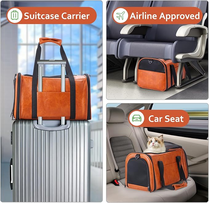 Lasaviin Fashion Leather Dog Carrier Cat Carrier Airline Approved Pet Carrier for Small Medium Dogs Cats Under 15Lbs, Collapsible Soft Sided Travel Puppy Carrier Brown