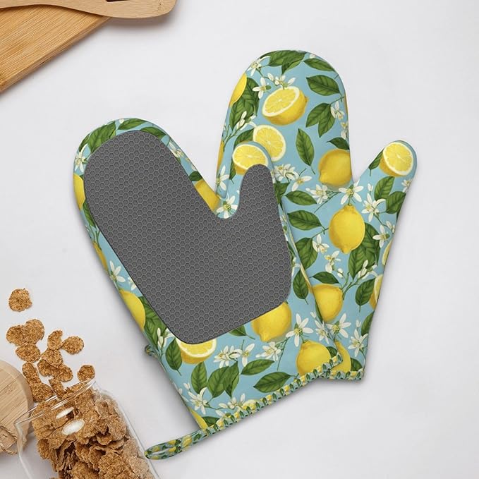Heat Resistant Oven Mitts 2 Pack, 500°F Silicone Oven Gloves with Non-Slip Grip, Soft Quilted Cotton Lining for Baking, Grilling, BBQ, Cooking (Lemon)