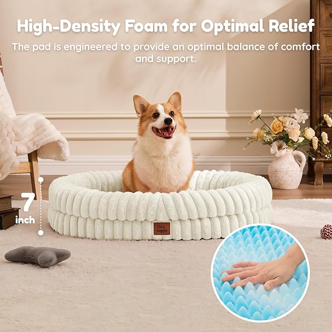 ChiXnuggle Dog Bed Large Sized Dog - Luxury Striped Faux Fur Waterproof Pet Couch with Removable Washable Cover, Orthopedic Pet Bed with Bolster Sides for Sleeping, Cream