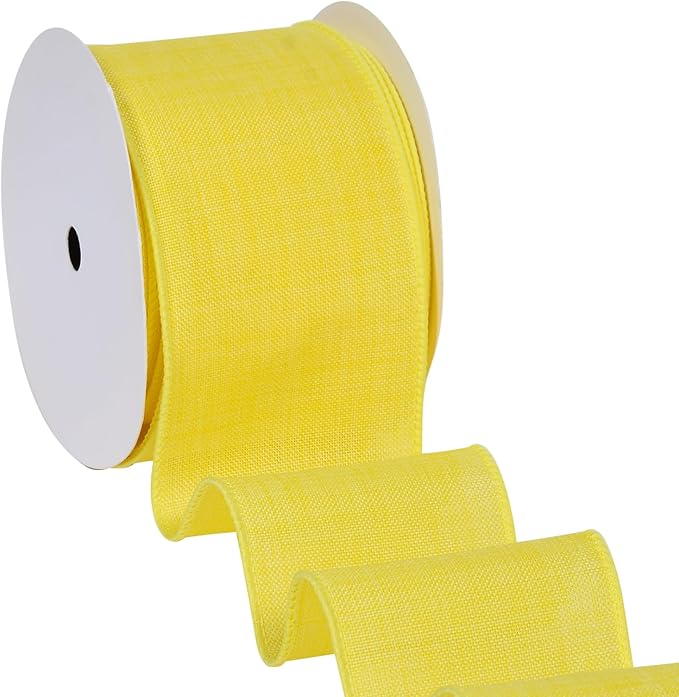 Ribest Yellow Linen Wired Ribbon, 2.5 Inch × 10 Yard, Burlap Easter Ribbon for Wreaths Bows Making Crafts Christmas Tree Decoration Gift Wrapping