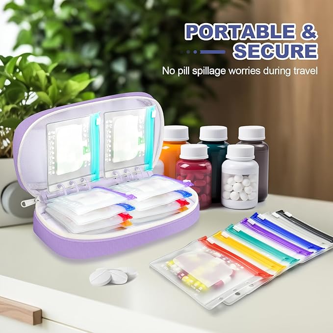 Weekly Pill Organizer 2 Times a Day - Timueetech A6 Waterproof 14 Pill Pouch Bags for Travel, BPA-Free Medicine Storage with Labels & Self-Sealing Design for Vitamins and Supplements, Purple