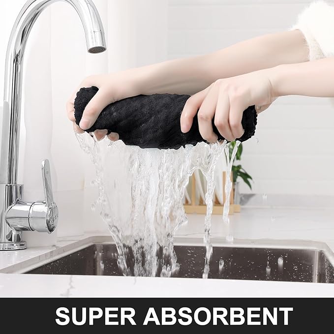 Homaxy Premium Cotton Kitchen Towels 16"x 28", Large Natural Ring Spun 390 GSM Dish Towels, Super Absorbent Terry Kitchen Hand Towels, Soft Tea Towels with Hanging Loop, Pure Black Design, 8 Pack