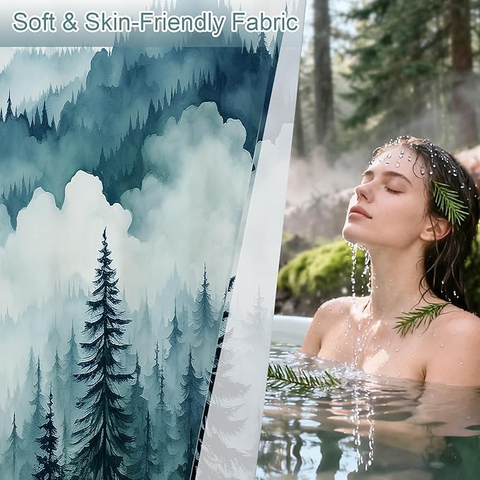Litabel Peacock Blue Misty Pine Forest Shower Curtain, Mountain Foggy Woodland Scenery Tree Shower Curtains for Chic Rustic Bathroom, Abstract Modern Waterproof Nature-Themed Decor, 72x72 Inches