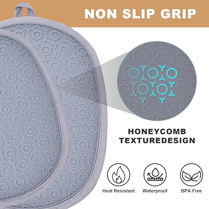 Pot Holders and Oven Mitts for Kitchen Heat Resistant Hot Mitts Pads Silicone Anti-scalding Cooking, Baking Black 2Pack