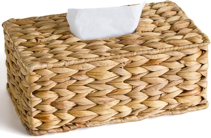 KALEKAIL Rectangular Tissue Box Cover Compatible with 100-180 Sheets of Kleenex Water Hyacinth Rectangle Tissue Box Rattan Tissue Box Holder Rectangular, Hand Woven Wicker Tissue Holder