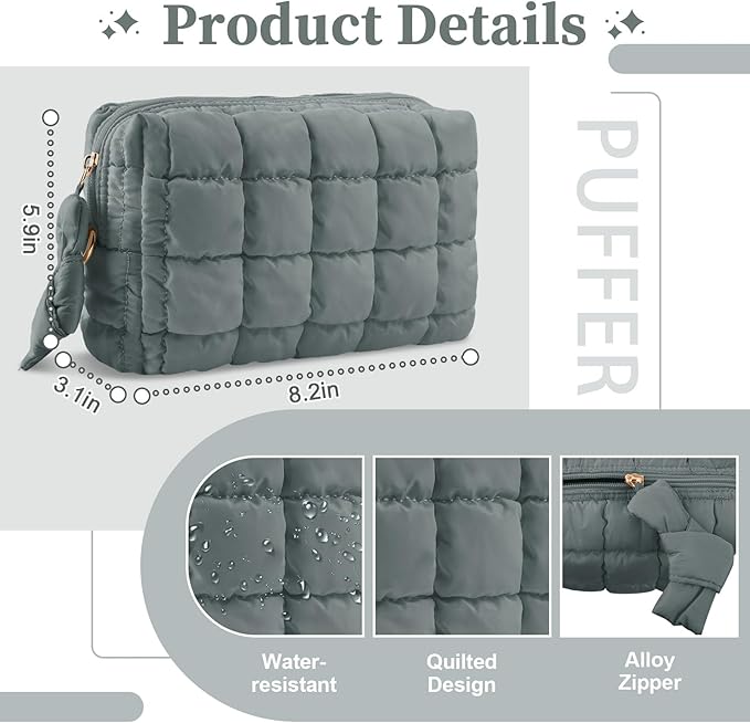 Puffer Quilted Makeup Bag Cosmetic Bags,Puffy Travel Toiletry Pouch for Women,Cute Checkered Zipper Bag Travel Essential,Portable Aesthetic Make up Organizer Bag for Gifts Work Daily(Grey,M)