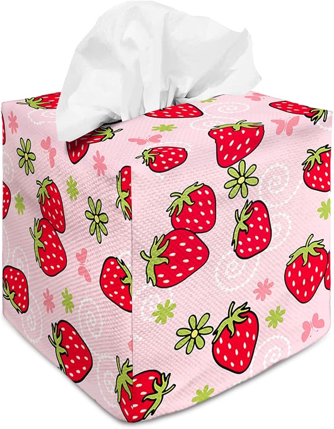 Tissue Box Cover Square Decorative Tissue Box Holder Cute Funny Cube Tissue Case Cover-Strawberry Tissue Box Cover