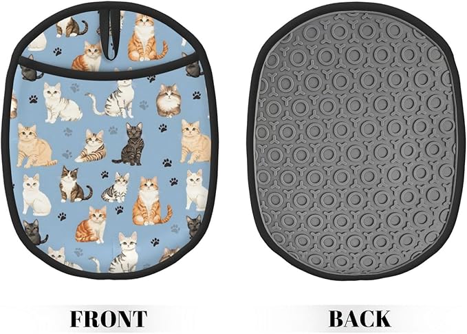 Pot Holders 2 Pack Silicone, Cotton Lining, Heat Resistant to 500°F (260°C), Non-Slip Grip, 7.5"x9.4" Oval Kitchen Hot Pads for Oven, Cooking (Cat, Potholders)