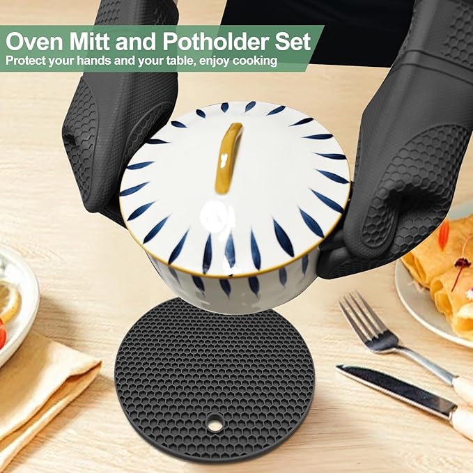 Silicone Oven Mitts and Pot Holders Sets 3PCS for Kitchen, Oven Gloves Heat Resistant 500°F, Non-Slip Silicone Potholder 7.1”, Thick Oven Mitts & Thick Hot Pads Protection for Cooking, Black