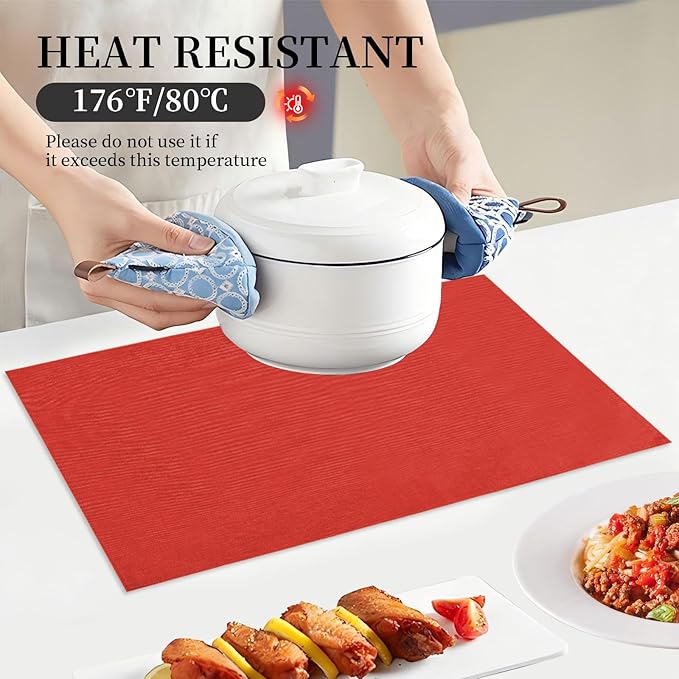 Placemats Set of 6 Linen Type Fabric Cloth Placemats, 19 x 13 Inch Double Layered Thick Wrinkle Free Heat Resistant Table Place, for Dining, Kitchen, Party (Red, 48 * 33cm)