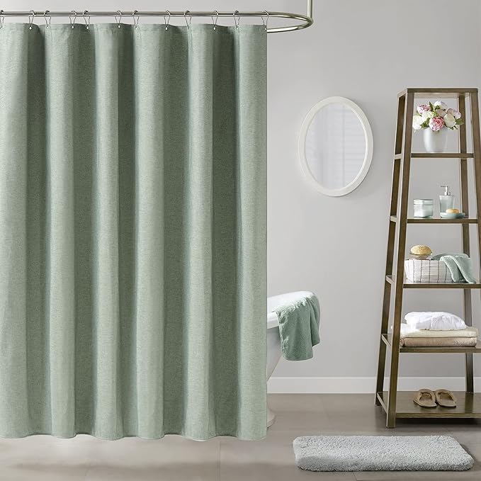 BTTN Fabric Shower Curtain, Linen Textured Heavy Duty Polyester Cloth Shower Curtain Set with Plastic Hooks, Sage Green, 72x84