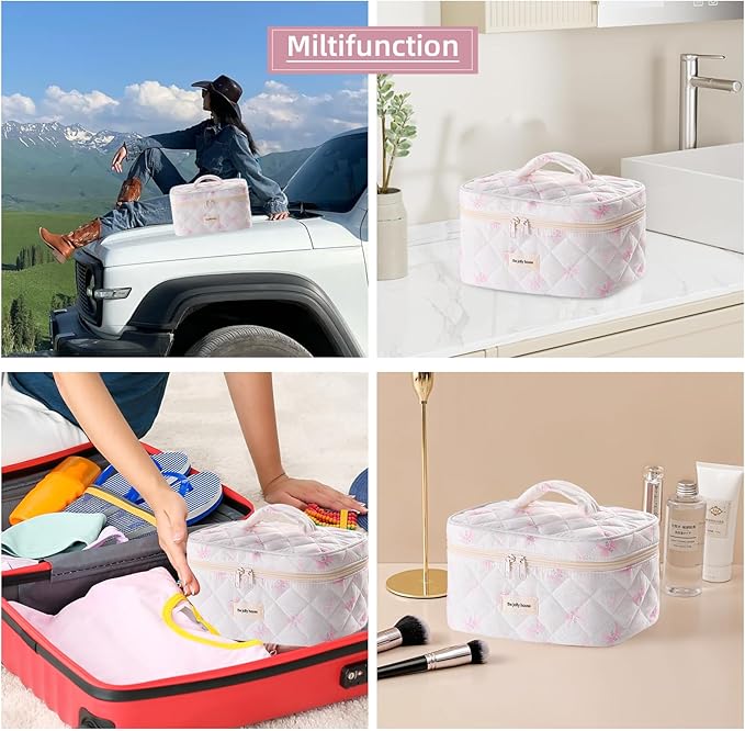 Quilted Makeup Bag, Large Capacity Travel Cosmetic Bag for Women and Girls, Aesthetic Storage for Daily and Travel (Pink Bow)