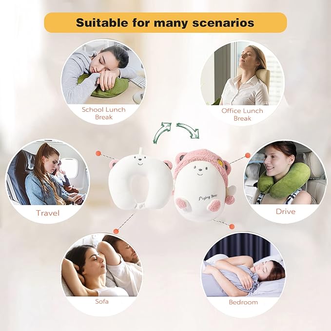stocaggio Kids Travel Pillow - 2-in-1 Deformable Kids Neck Pillow for Traveling, Soft U-Shaped Pillow with Adorable Animal Design, Comfy Sleep and Play, Ideal for Airplanes and Cars - Pink Bear