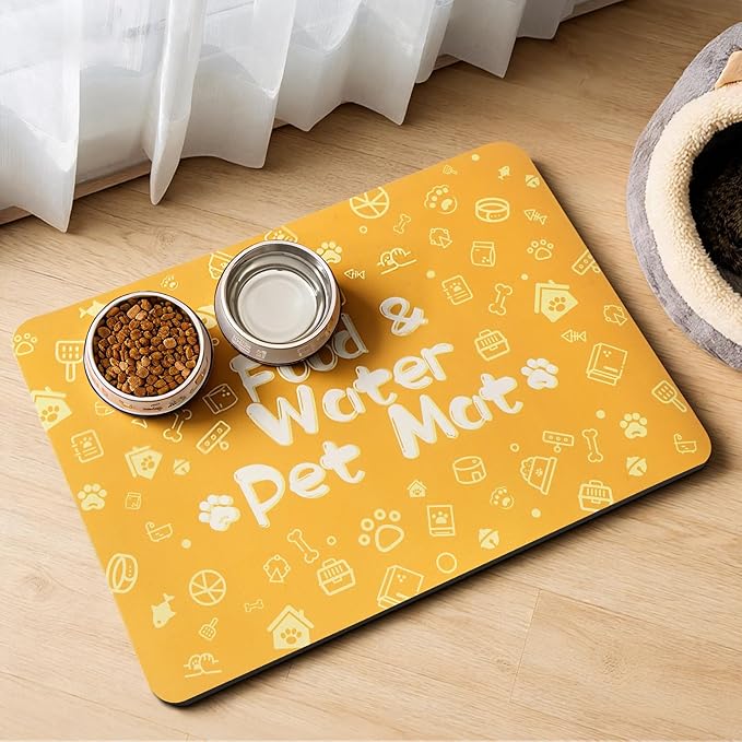 Pet Feeding Mat,Dog Cat Mat for Food and Water,Dog Bowl Waterproof Placemat with Rubber Backing,Absorbent Quick Dry Water Dispenser Mat for Pet（Orange 12"×18"）
