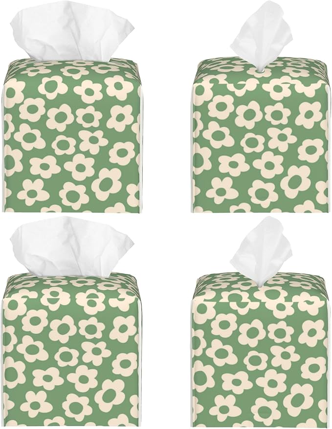 POIUBLE Tissue Box Holder Green Groovy Flower Tissue Box Cover Square Leather Tissue Holder Organizer Portable Decorative Facial Paper Case for Home Office Bathroom Vanity Countertop