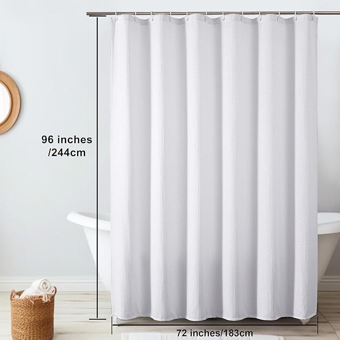 OVZME Extra Long White Shower Curtain Set- 96 Inch Long Waffle Weave Heavy Duty Fabric Shower Curtains for Bathroom, Luxury Heavy Duty Thick Cloth Shower Curtain with 12 Plastic Hooks, 72x96, White