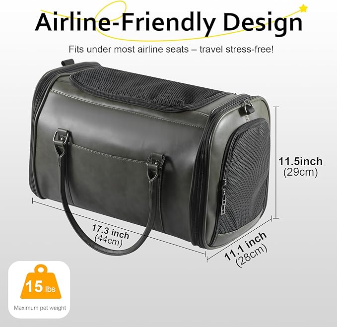 Johomviin Stylish Leather Pet Carrier for Small Dogs and Cats Up to 15 lbs, Airline Approved Lightweight Travel Tote with Breathable Mesh and Shoulder Strap Green