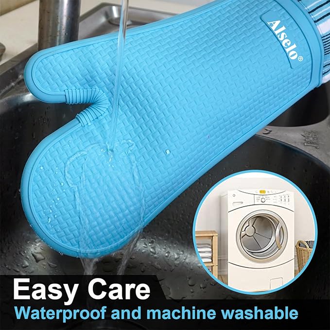 Oven Mitts Heat Resistant Silicone Kitchen Gloves for 550 Degrees with Waterproof and Non-Silp, Oven Gloves for Baking Cooking Barbecue Microwave Machine Washable (2, Extra Long Sapphire)