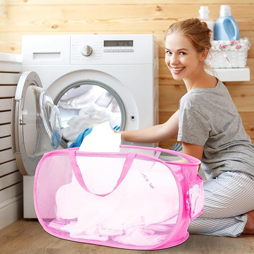 2 Pcs Durable Collapsible Laundry Baskets - Reinforced Mesh Pop Up Laundry Hamper with Pocket, Foldable Dirty Clothes Hamper with Carry Handles for Laundry, Bathroom, Kids Room, Dorm or Travel Pink