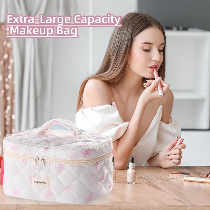 Quilted Makeup Bag, Large Capacity Travel Cosmetic Bag for Women and Girls, Aesthetic Storage for Daily and Travel (Pink Bow)