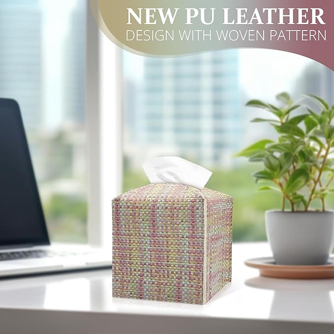 Azormi Tissue Box Cover, PU Leather Square Tissue Box Holder with Woven Pattern, Cube Tissue Box Covers with Bottom Belt, Perfect Decorative Organizer for Tabletop, car, Office, Bathroom, 5 x 5 x 5