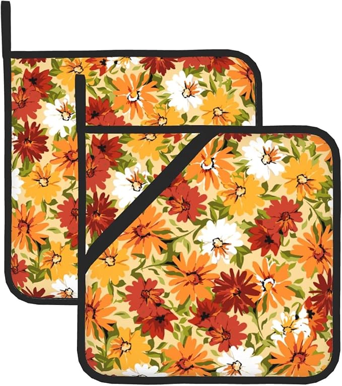 2 Pieces Floral Daisy House Pot Holders for Kitchen Heat Resistant, 2pc Decorative Flower Pot Holder Set, Fashionable Pot Holders for Kitchen and Baking (Orange)