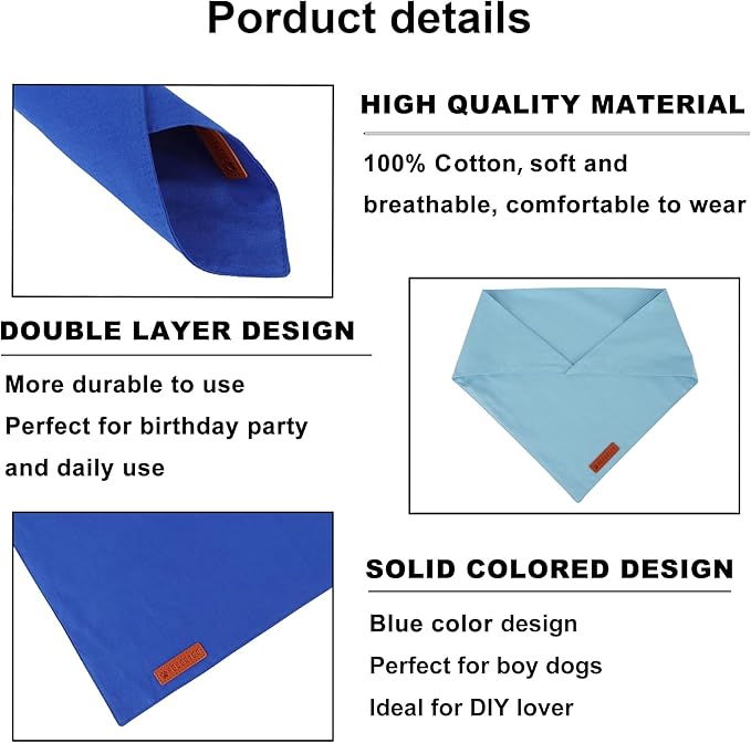 ADOGGYGO 2 Pack Blue Dog Bandanas, Soft Cotton Solid Color Pet Triangle Scarf, Adjustable DIY Blue Boy Birthday Bandanas for Medium Large Dogs (Large)