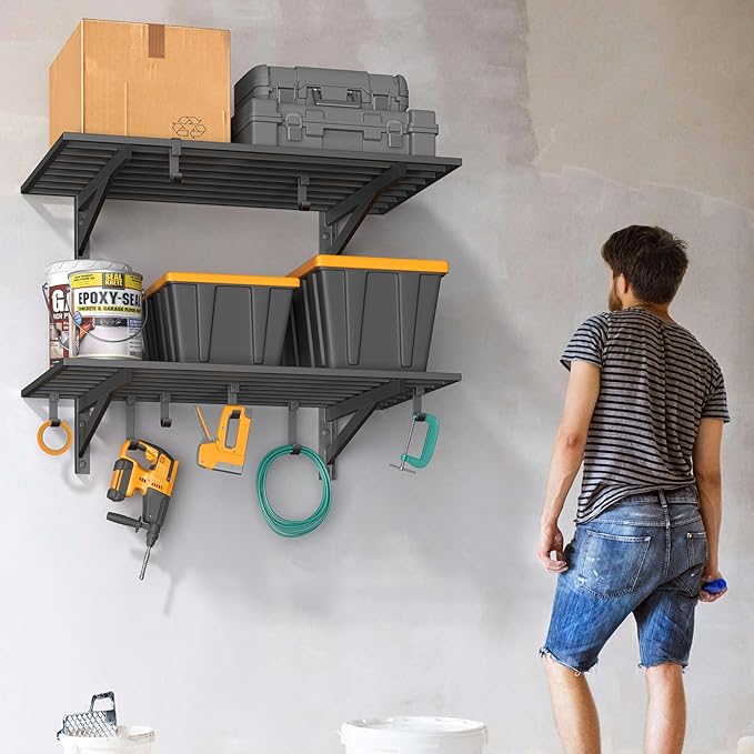 Jusgym 2-Pack 2x3ft Garage Shelving Wall Mounted, 2' x 3' Heavy Duty Garage Storage Shelves with Hooks, 400LB Capacity