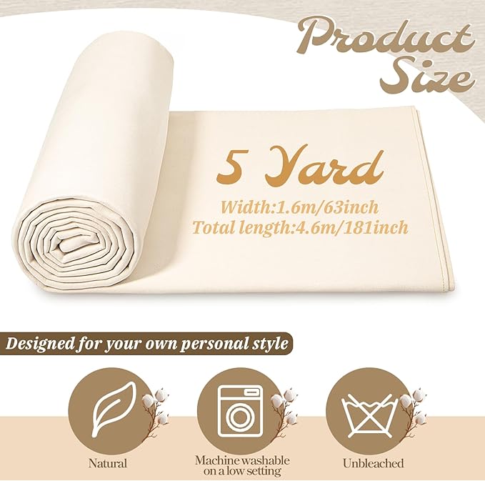 100% Cotton Muslin Fabric, 63 inch x 5 Yards Natural Unbleached Cotton Fabric, Unbleached Muslin Linen Fabrics by The Yard, for Sewing Quilting Embroidery, Garments, Crafts