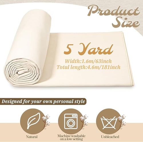 100% Cotton Muslin Fabric, 63 inch x 5 Yards Natural Unbleached Cotton Fabric, Unbleached Muslin Linen Fabrics by The Yard, for Sewing Quilting Embroidery, Garments, Crafts