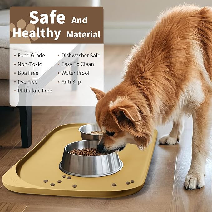 Smilool Silicone Pet Food Mat with Raised Edge for Food and Water Bowl, Dog Feeding Mats, Cat Food Trays for Floor Waterproof, Rubber Tray for Dogs and Cats, 17 x 12 x 0.7 Beige