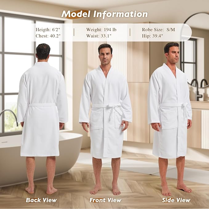 FashGudim Terry Cloth Robes for Men Big and Tall Short Mens Kimono Robe Super Absorbent Spa Bathrobe Calf Length With Pockets