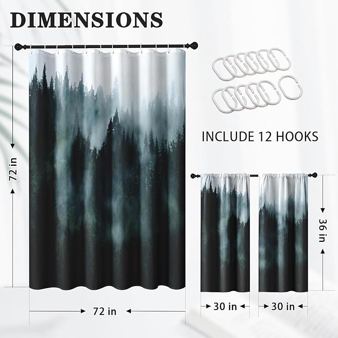 Culudea Misty Mountain Tree Green Spring Waffle Textured Cloth Shower Curtain Set, Fog Forest Nature Vintage Bathroom Window Waterproof Shower Curtains for Bathroom Decor