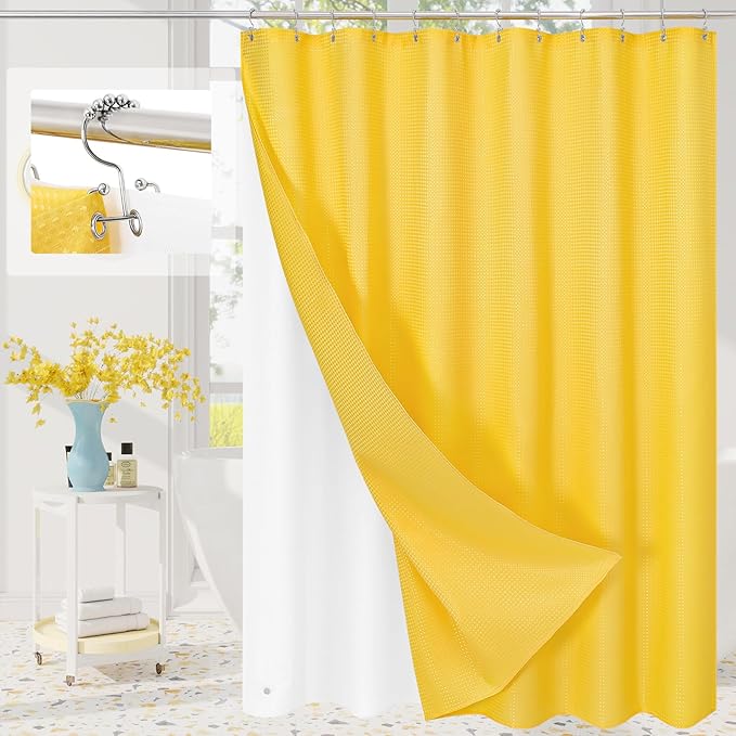 Craidlela 3 in 1 Long Yellow Shower Curtain Set-72 W x 78 H, Modern Waffle and PEVA Liner Set with 12 Stainless Steel Hooks, Waterproof Fabric for Bathroom