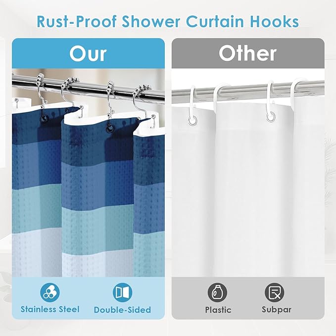 Nesphy Shower Curtain and Liner, Navy and Blue Striped 3 in 1 Shower Curtain and PEVA Liner Set with 12 Rust-Resistant Metal Hooks, Waterproof Fabric Shower Curtains for Bathroom, 72 W x 72 H