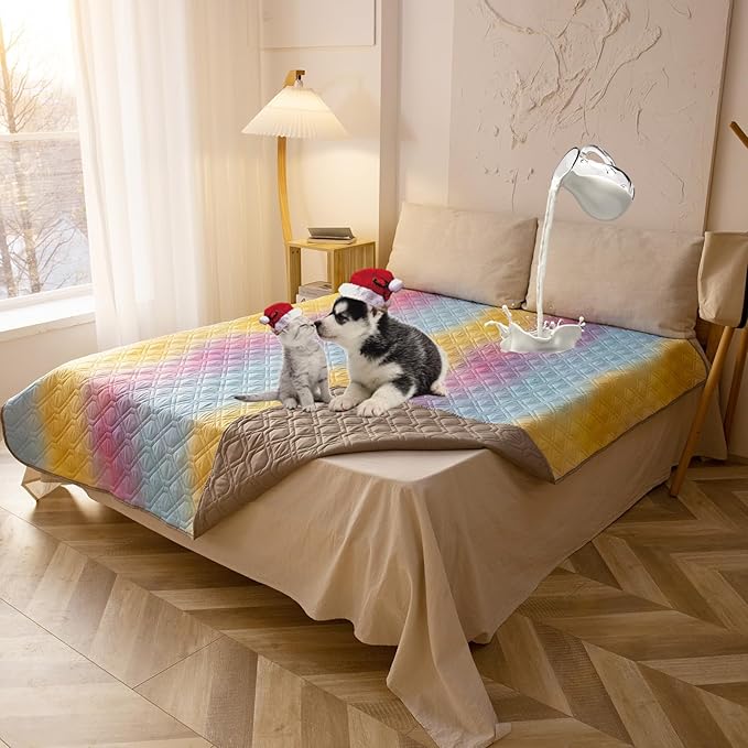 Topthumbs 100% Waterproof Dog Bed Cover 68x82 inch Reversible Changing Pad Reusable Camping Mat for Kids/Pet/Dog/Cat Washable Geometric Embroidery Blanket Patchwork Rainbow Ombre Printed+Gray