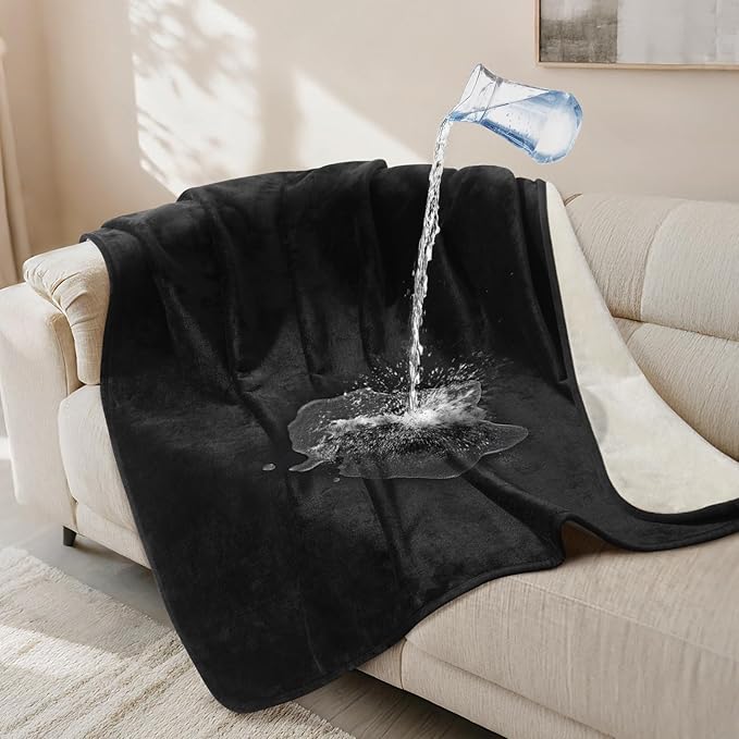LOOBANI Waterproof Dog Blanket for Couch: Reversible Flannel Bed Blanket for Medium Large Dogs Liquid Proof, Soft Throw Blanket Couch Cover Protector for Sofa, Crate, Travel, Picnic, 50" x 60", Black