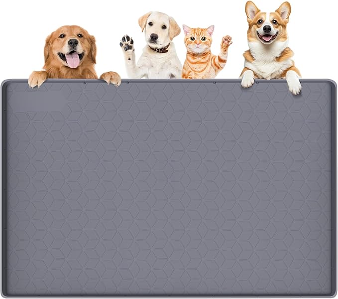 Bartuke Dog Food Mat, Extra Large 34" x 22" Silicone Pet Feeding Mat with Raised Edge Pet Placemat for Small, Medium, and Large Pets Non-Slip, Easy to Clean (Dark Grey)