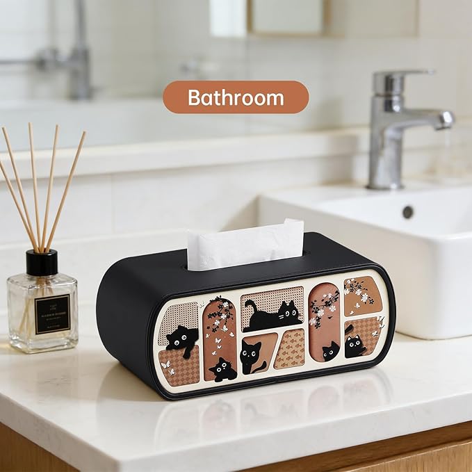MEIBOOCH Cat-Themed Tissue Box Cover Rectangle, Stylish Tissue Holder for up to 4 Inches High Boxes, Curved Edge Tissue Box Holder (Black)