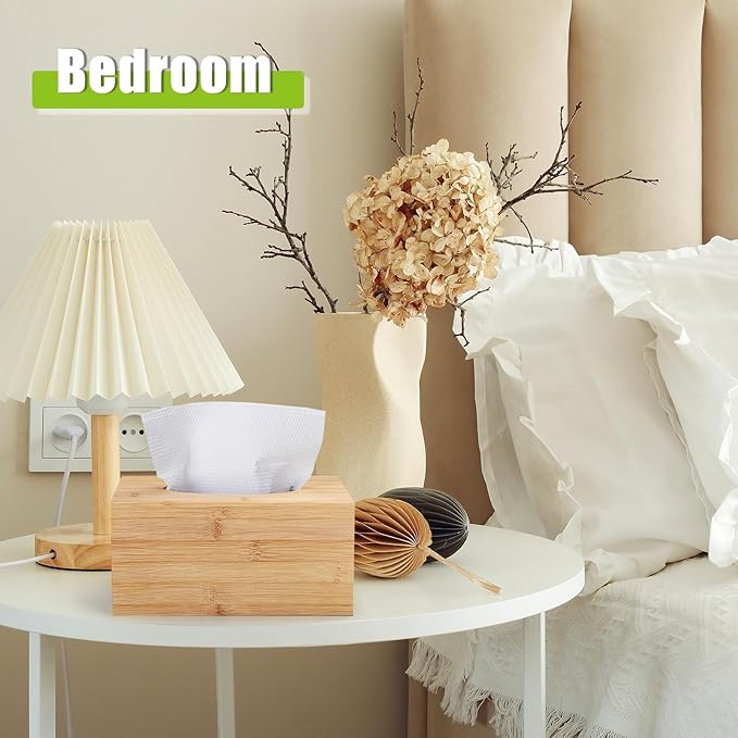 Rectangular Tissue Box Cover, Bamboo Tissue Box Cover Rectangle Tissue Box with Slide-Out Bottom Decorative Cube Facial Tissue for Bathroom Bedroom Dinner Table Office Tabletop
